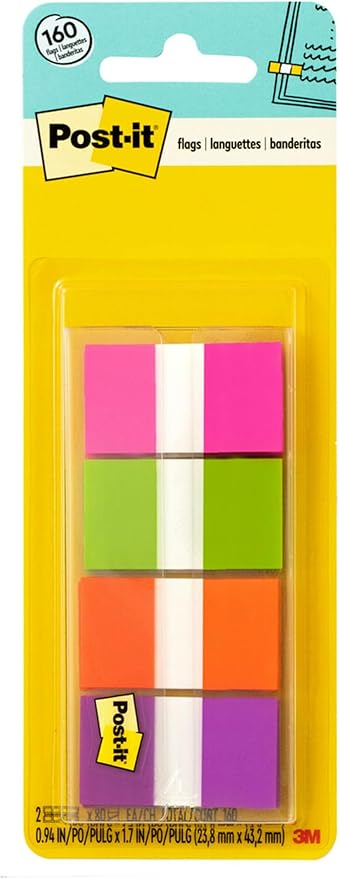 Post-it Flags, 80/On-The-Go Dispenser, 2 Dispensers/Pack, 1 in Wide, Assorted Bright Colors (680-PGOP2)