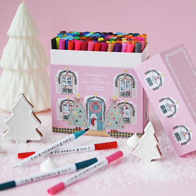 Primrosia 100 Dual Tip Marker Pens, Christmas Edition Gift Box. Fine & Brush Tip Set for Journaling, Calligraphy, Colouring, Sketching & Drawing. Artist Pens in Designer House Keepsake Box