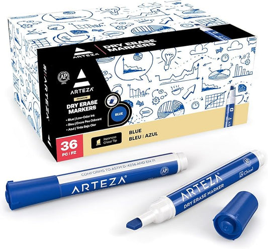 ARTEZA Dry Erase Markers, Bulk Pack of 36 Blue Whiteboard Markers with Chisel Tip, Low-Odor, Quick-Drying Ink for Office, Meeting Rooms & Home Use