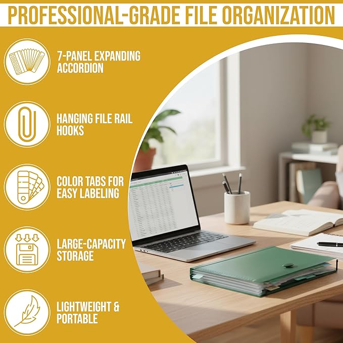 Iconikal 12-Pack Expanding Hanging File Folders with 7 Pockets, Portable Heavy-Duty Poly Organizers for Letter Size Documents, Retractable Hooks & Elastic Closure