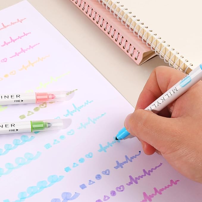 12 Colors Dual-Tip Highlighter Marker Set, Broad and Fine Point Tips, No Bleed, Ideal for Bible Highlighting, Journaling, School and Office Supplies, Assorted Ink Colors