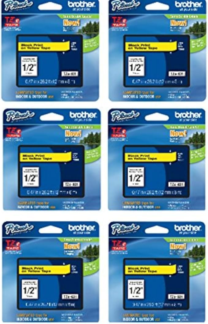 Brother Genuine TZe-631 1/2" Black on Yellow Standard Laminated Tape for P-Touch Labeler, 6 Pack