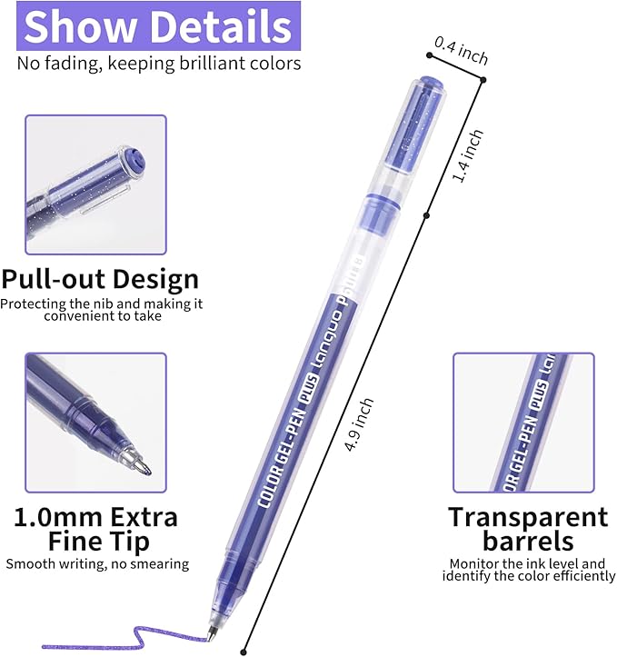 Glitter Gel Pens, 6 Pack Glitter Pens For Adults Coloring Books, 1.0mm Point Colored Pens, Large Capacity Ink Pens for Coloring, Writing, Drawing, Journaling, Note Taking, Office, Home