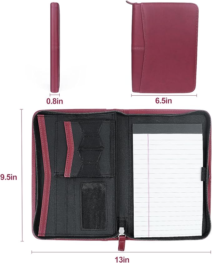 Godery Padfolio/Portfolio, Leather Zippered Padfolio Portfolio Binder 5 x 8 Legal Writing Pad, Professional Business Portfolio for Men & Women, Card Holder, Notepad Clipboard Holder (Red)