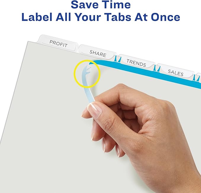 Avery 5 Tab Plastic Dividers for 3 Ring Binder, Easy Print & Apply Clear Label Strip, Index Maker Customizable Frosted White Tabs, 1 Set (11449)