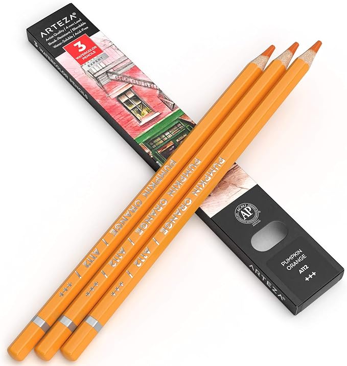 Arteza Professional Watercolor Pencils, Pack of 3, A112 Pumpkin Orange, Water-Soluble Pencils for Coloring, Blending, Layering & Watercolor Techniques