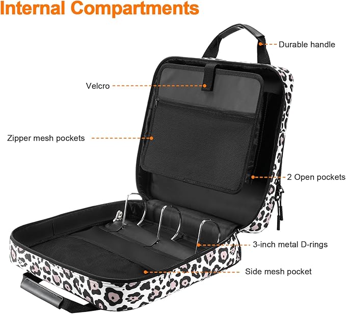 4 Inch 3 Ring Zipper Binder D-Ring, Binder with Strap 800 Sheet Capacity & Multi-Pockets School and Office Binder Organizer, Compatible with 13-Inch MacBook(Patent Design Leopard)