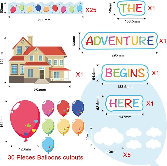 Colorful Balloons Bulletin Board Decoration Set Mix Balloon Borders Cutouts for Party School Classroom Door Welcome Bulletin Board Craft Home Wall(Adventure Balloons)
