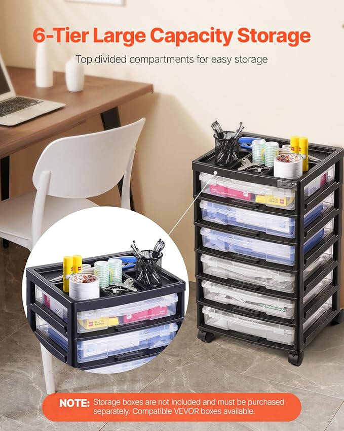 VEVOR Scrapbook Rolling Storage Cart, 6-Tier Large Capacity with Organizer Top, Black Frame with 4 Removable Wheels, PP Material Cart Only, Rolling Craft Storage for Office Arts and Crafts Supplies