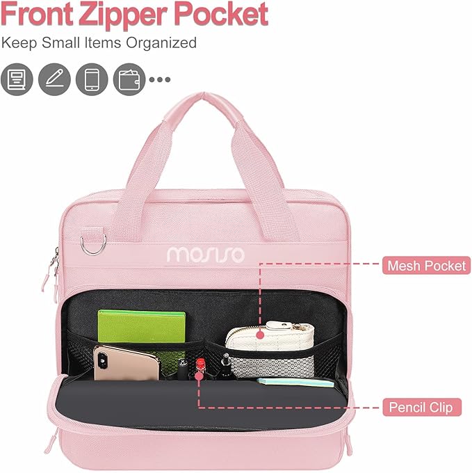 MOSISO 3 Ring Zipper Binder, 2 inch O-Ring Binder Organizer 500 Sheets Capacity Multiple Pockets Bag for Office with Handle & Shoulder Strap Compatible with 13 inch Laptop/Tablet, Pink