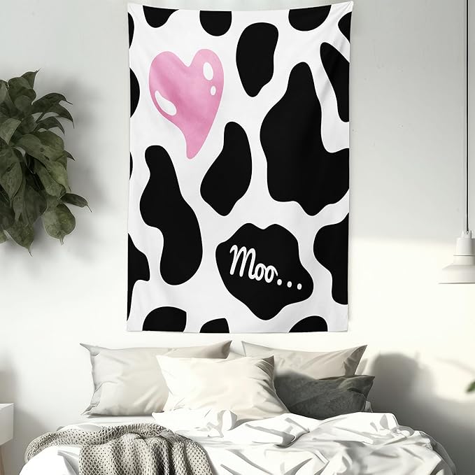 Ambesonne Cow Print Tapestry, Camouflage Hide Skin Pattern in Pastel Color Shades Heart Shape Moo, Fabric Wall Hanging Decor for Bedroom Living Room Dorm, 30" X 45", Pink Black White