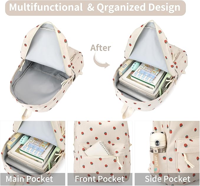 Backpack for Girls Boy Teen Corduroy Bookbags Elementary Middle High School Women Laptop Bag with Lunch Box Pencil Bag (Strawberry Beige)