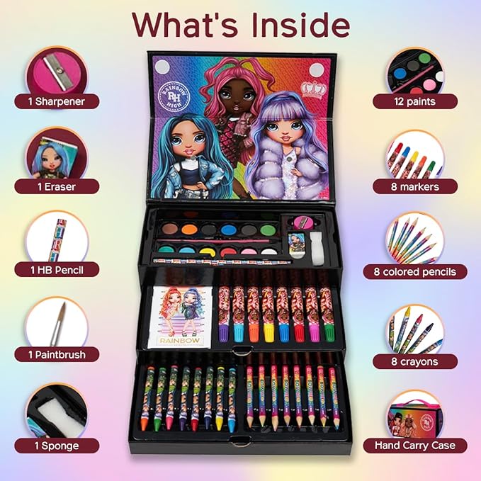 Rainbow High Colored Pencils Art Supplies Kids Drawing Kit Coloring Book Crayons Markers Drawing Pencils Art Kit Travel Case Gifts for Girls