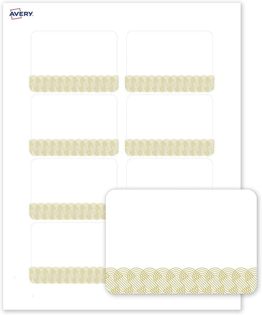 Avery Printable Rectangle Adhesive Name Badges, Pre-Printed Gold Lace Trim Pattern, Matte White, 2-1/3" x 3-3/8", Laser & Inkjet Compatible, 80 Total, Great for Branding, Marketing, and Events