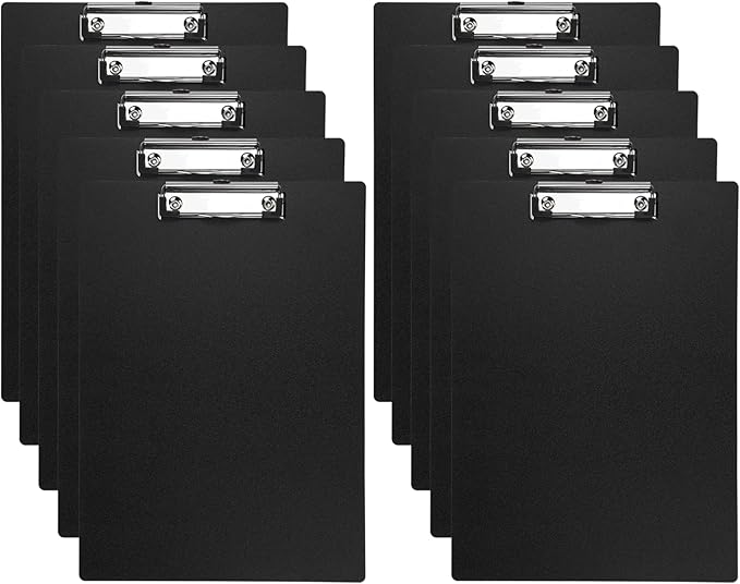 BOMKEE Black Clipboard, 10 Pack A4 Letter Size Clipboard Plastic Clipboards with Low Profile Metal Clip and Hanging Hole for Office and Home