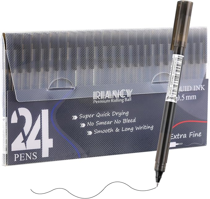 RIANCY Black Fine Point Gel Pens 24Pcs 0.5mm Gel Ballpoint Pens Black Liquid Ink Pens No Smear No Bleed, Smooth Writing Pen for Journaling Note Taking Drawing Sketching Coloring Office School Supplies