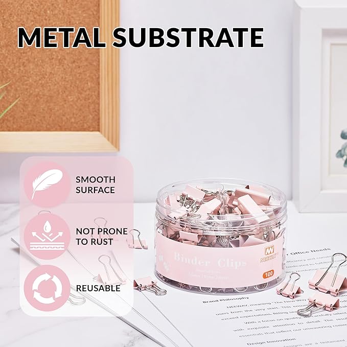 NEEWAY 100 Count Binder Clips Assorted Sizes, Paper Binder Clips (0.6inch 0.75inch 1inch), Metal Paper Clamps for Office and Home (Pink)