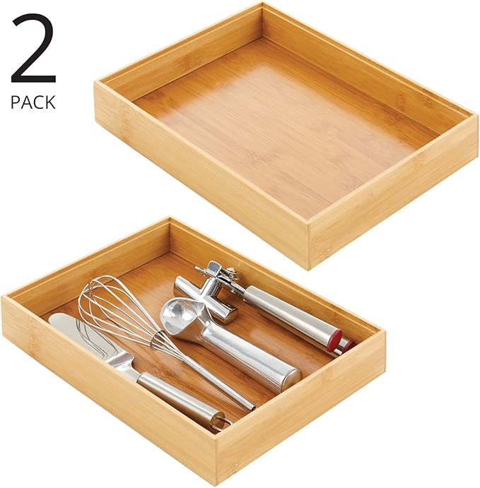mDesign Bamboo Wood Stackable Drawer Organizer Bin Box for Kitchen; Holds Silverware, Cutlery, Utensils - Echo Collection - 2 Pack - Natural
