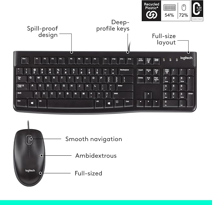 Logitech MK120 Wired Keyboard and Mouse Combo for Windows, Optical Wired Mouse, Full-Size Keyboard, USB Plug-and-Play, Compatible with PC, Laptop - Black