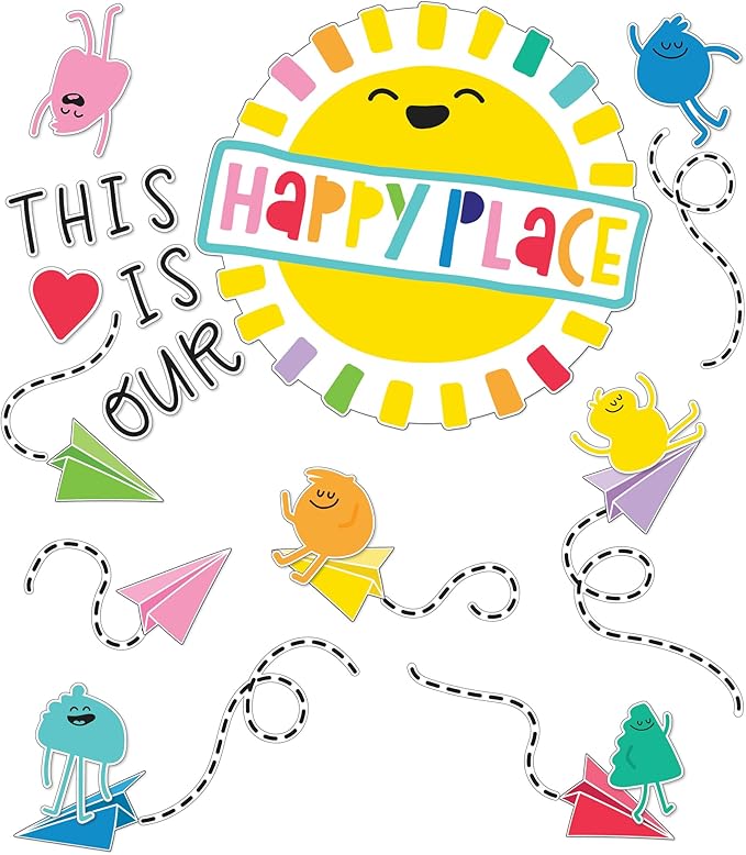 Carson Dellosa This is Our Happy Place Bulletin Board Set, Rainbow Classroom Decorations with Heart and Paper Airplane Bulletin Board Cutouts for Wall Decor, Colorful Classroom Decor (58 pc)