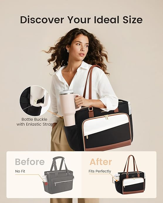 LOVEVOOK Teacher Tote Bag, Laptop Bag for Women with Large Cup Holder & Accordion File Area, Work Tote Bag for Business