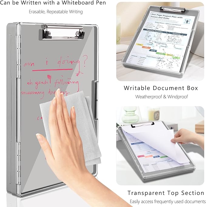 SFLHHDM Clipboard with Storage,Heavy Duty Clip Boards 8.5x11 with 2 Storage Case,Clear Visible Panel Storage Clipboards,Side Opening Nursing Clipboard Folder for Office Supplies-Gray