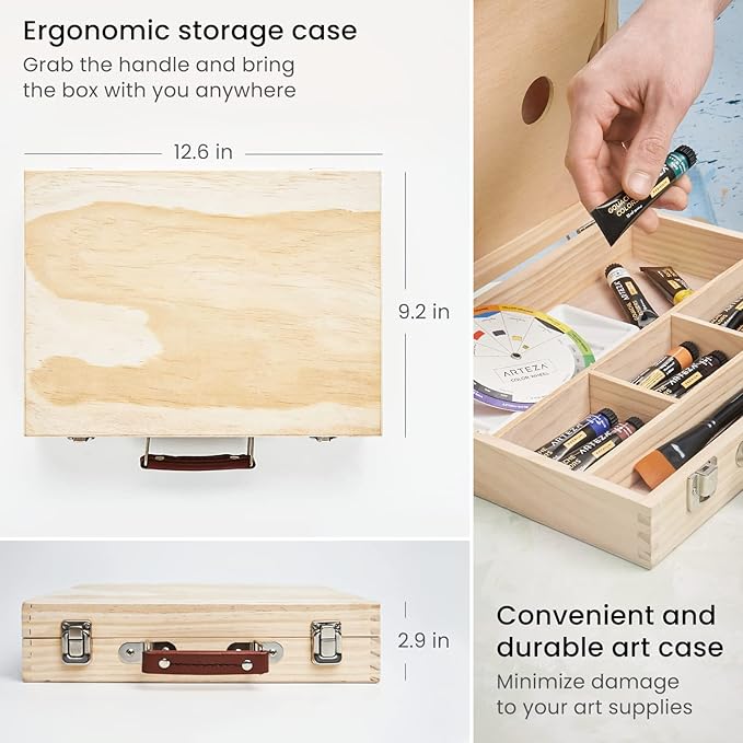 Arteza Gouache Paint Kit, 21 Pieces Art Set, 12 Gouache Art Paint Tubes, 5 Acrylic Brushes, Paper Pad, Plastic Palette, and Wooden Storage Case, Art Supplies for Professional Artists and Hobbyists