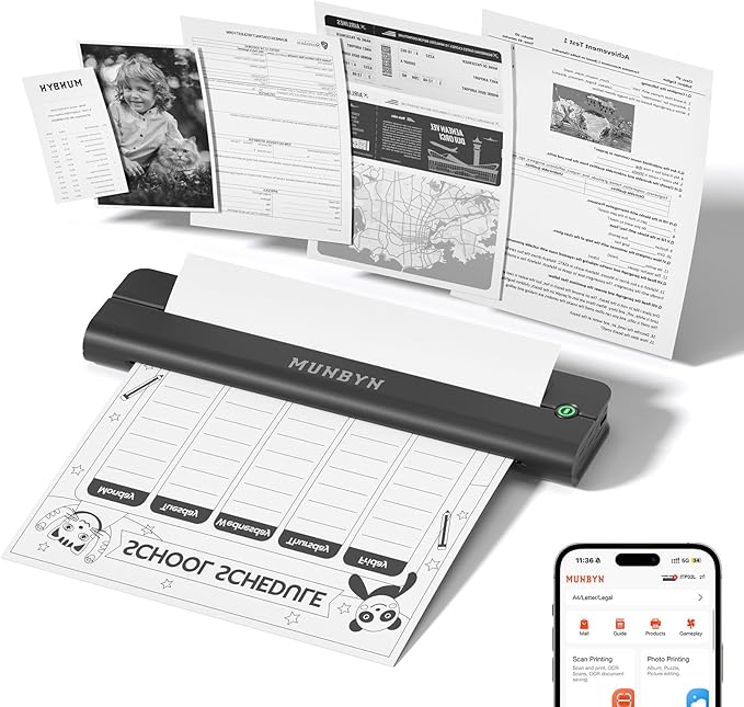 MUNBYN Portable Printer Wireless for Travel, Small Bluetooth Inkless Thermal Printer Support 8.5 x 11 US Letter & A4, Compatible with Laptop, macOS,Windows, Android & iOS for Car,Home Office & School