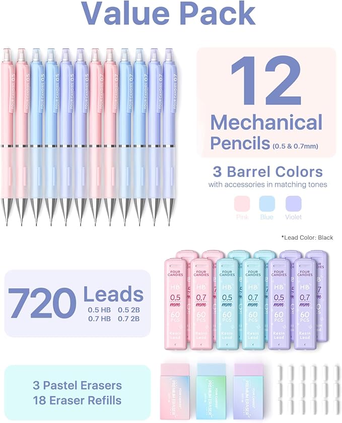 Four Candies Mechanical Pencil Set - 0.5 mm & 0.7 mm, 12PCS Cute Pencils Mechanical with 720PCS (HB & 2B) Lead Refills & 21PCS Erasers & 1PCS Storage Case, Pastel Aesthetic Lead Pencils for School