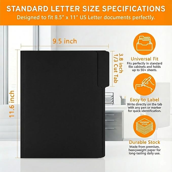 100 Packs Colored File Folders,1/3-Cut Tabs,Assorted Color Letter Size File Folder,8.5x11 File Folders for Office,School and Home,Organizer File Folder(Black,Blue,Red,Pink,Purple)