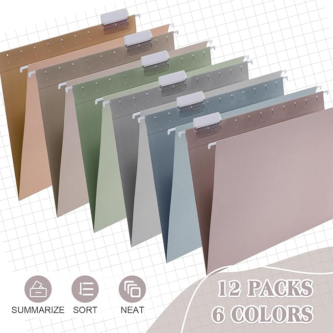 12 Pack Decorative Hanging File Folders, Letter Size with Tab, 6 Color Assorted for Filing Cabinet Office Supplies(Classic Color)