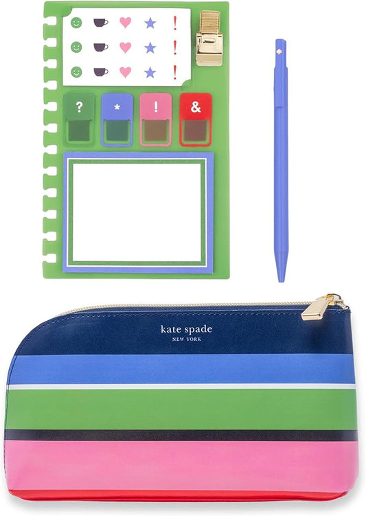 Kate Spade New York Zipper Pouch Filled with Planner Stickers and Accessories, Set Includes Notepad, Sticker Tabs, Black Ink Pen and Holder, Vegan Leather Accessory Bag, Sunny Day Stripe