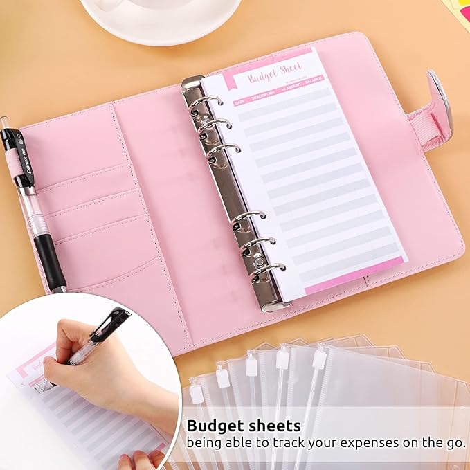 SKYDUE Budget Binder with Cash Envelopes, Purple, A6 Size, 6-Hole, 20-Page Capacity, 8 Dividers, Faux Leather