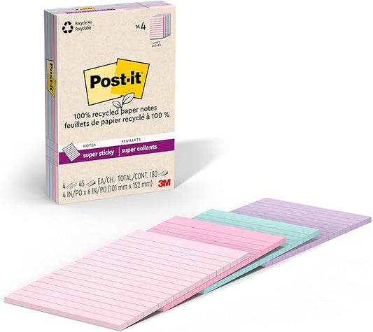 Post-it 100% Recycled Paper Super Sticky Notes, Lined, 4 in. x 6 in., 4 Pads, 45 Sheets per Pad, Wanderlust Pastels, School Supplies and Office Products
