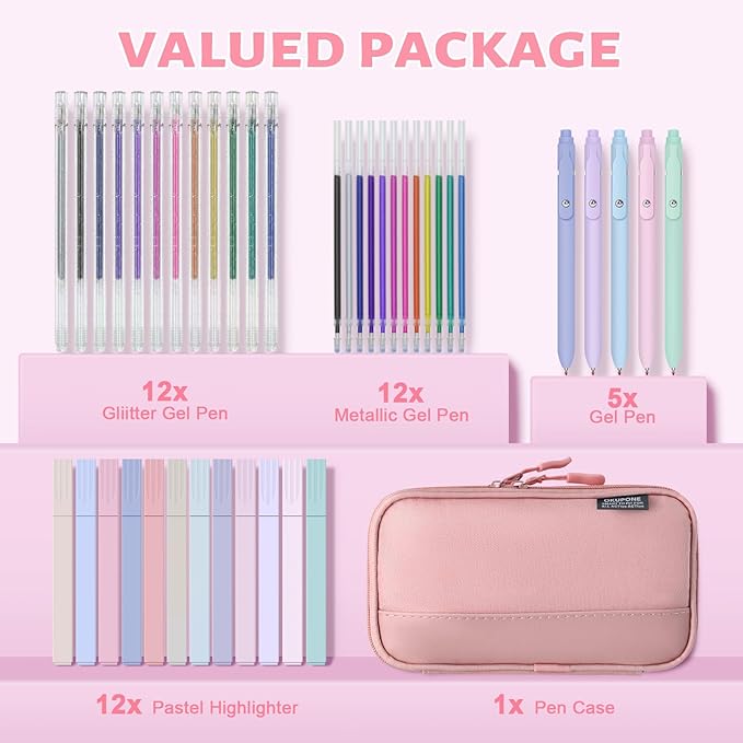 42 Pack Gel Pens for Coloring Books, 5 Gel Pens 0.5mm Black Ink, 12 Vibrant Sparkle Metallic Glitter Pens with 12 extra refills for enduring use, 12 Pastel Highlighters for Man Woman(Pink)