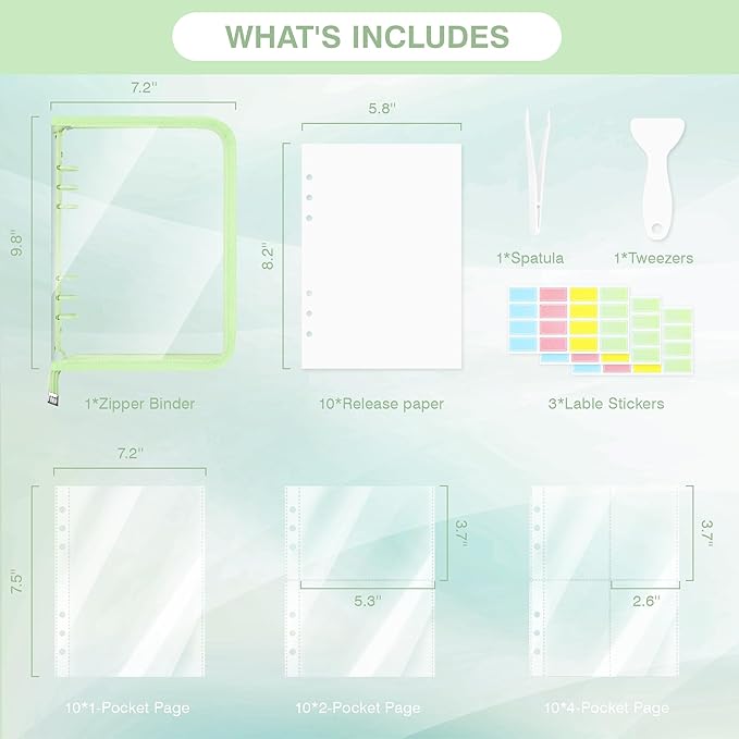 Ospelelf Sticker Organizer Binder Storage Display Book, Includes Clear Pockets, Release Paper, 6 Ring Stickers Holder Binders Essential for Scrapbook Planner Enthusiasts, Green