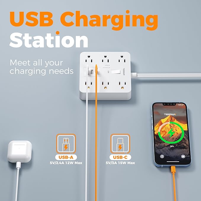 1700J Surge Protector Power Strip, TESSAN 10Ft Extension Cord with Multiple Outlets, Outlet Extender with 6 AC, 3 USB Ports(1 USB C), Charging Station for Home Office Dorm Room Essentials, White