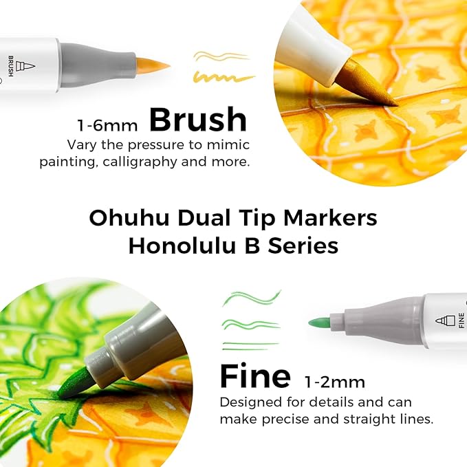 Ohuhu Alcohol Based Brush Markers -Double Tipped Art Marker Set for Artists Adults Coloring Sketch Illustration - Brush & Fine Dual Tips - 216 Colors - Honolulu B of Ohuhu Markers - Refillable Ink