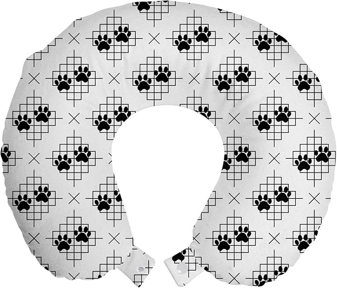 Ambesonne Paw Print Travel Pillow Neck Rest, Greyscale Art of Modernistic Design Squares X Shapes and Animal Feet, Memory Foam Traveling Accessory for Airplane and Car, 12", Charcoal Grey and Pearl