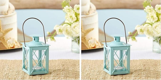 Kate Aspen Rustic Shelf Decor Luminous Vintage Tea Light Votive Candle Holders Metal Mini Decorative Lantern, Distressed Teal Blue (Pack of 2)