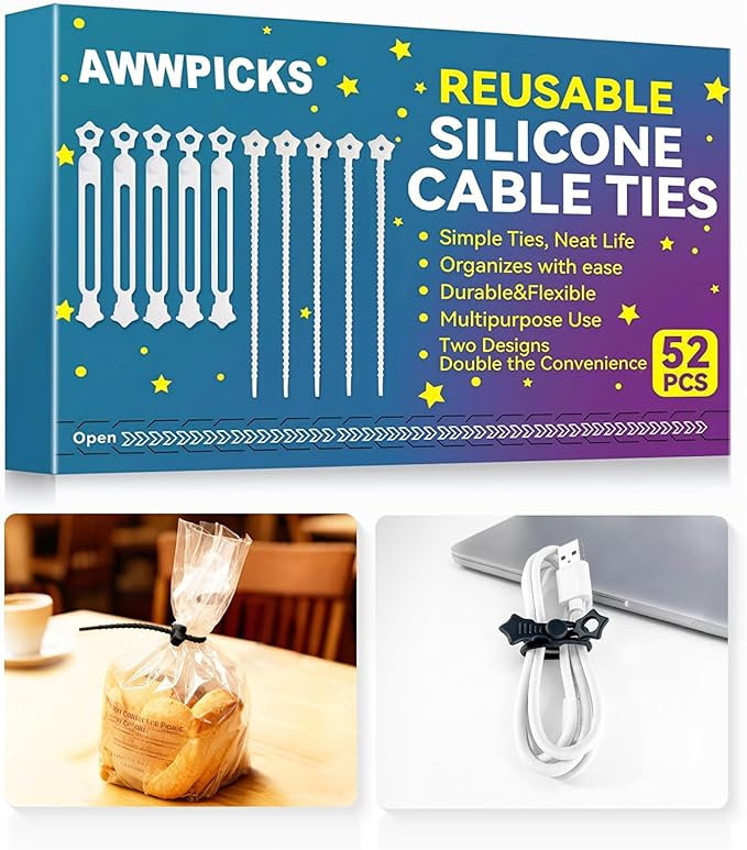 52 Pack Silicone Cable Ties, Reusable Star Design Cord Organizer Straps in 2 Styles, Durable & Stretchable Wire Management for Home, Office, Travel (White)