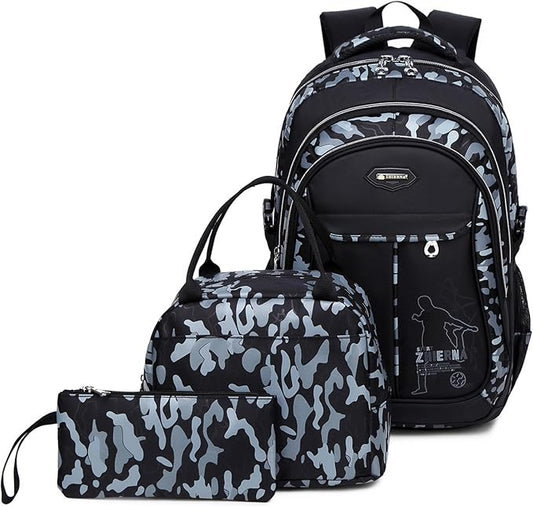 goldwheat School Backpack for Boys Cool Camouflage Bookbags with Lunch Box Pencil Case 3pcs for Middle School