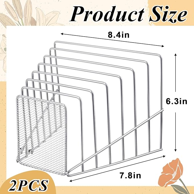 2 Pcs 7 Section Wire File Organizer for Desk, Metal Mesh Incline File Holder, Letter & Magazine Folder Rack, Desktop Paper Sorter for Home Office School (Silver)