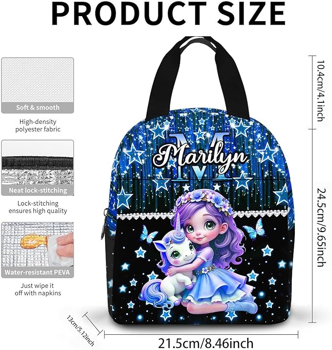 Custom Kids Backpack with Lunch Box Personalized Name Bookbag for Girls Back to School Blue Backpacks for Elementary Middle School Boys