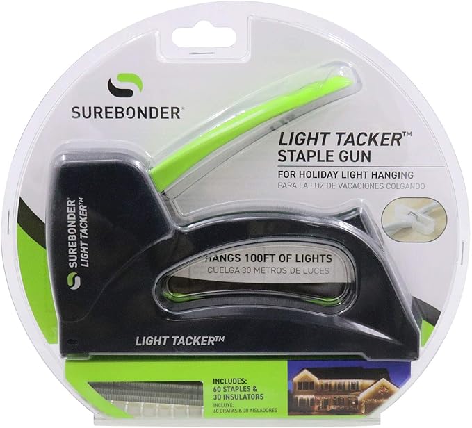 Surebonder 5540HOL Light-Duty Tacker Staple Gun for Holiday and Christmas Lights, Garland, Phone, Speaker, TV, and Computer Cable - 60 Staples and 30 Insulators Included