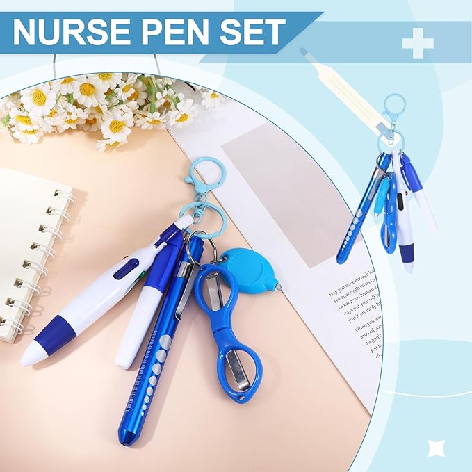 6 Pcs Nurse Pens for Badge Set,Nurse Badge Accessories with Reel Pen,Nursing Accessories Healthcare with Pens,Highlighter and Permanent Marker Pen and Led Keychain Foldable Scissors(Blue)