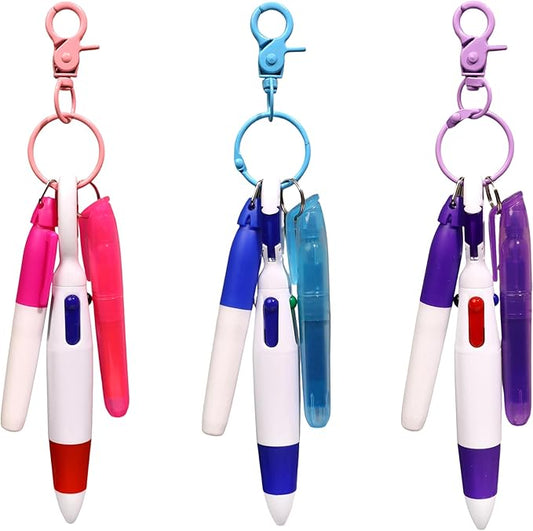 12 Pcs mini Highlighter nurse pen set, including 3 highlighters, 3 permanent markers and 3 retractable ballpoint pens, with 3 Pcs nurse keychain clip (purple + red + blue)