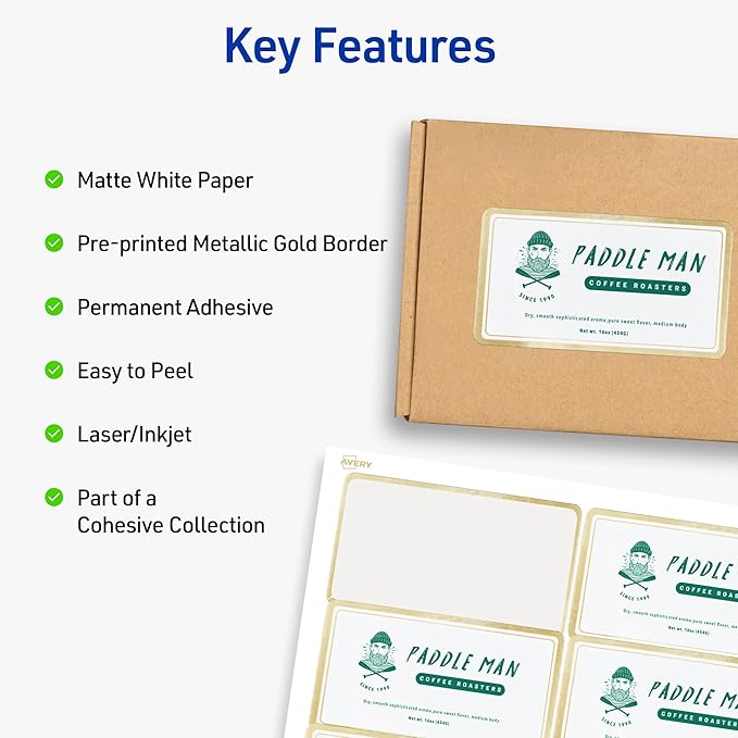 Avery Printable Rectangle Labels, 2" x 4" Blank Labels, Shipping, Matte White, Metallic Gold Border, Permanent Adhesive, Laser/Inkjet Printable, 100 Total (6541)