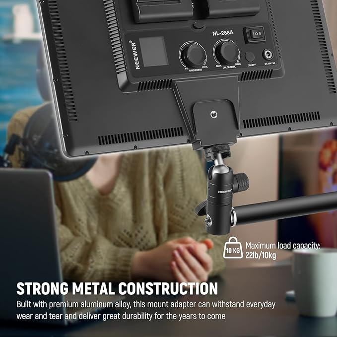 NEEWER Light Stand Mount Adapter with Cold Shoe and 1/4” Screw Mini Ball Head, Reversible Mounting Plate for Camera Monitor Ring Light, Fits Flat Head Light Stand/Boom arm/C Stand, Max. Load 22lb/10kg