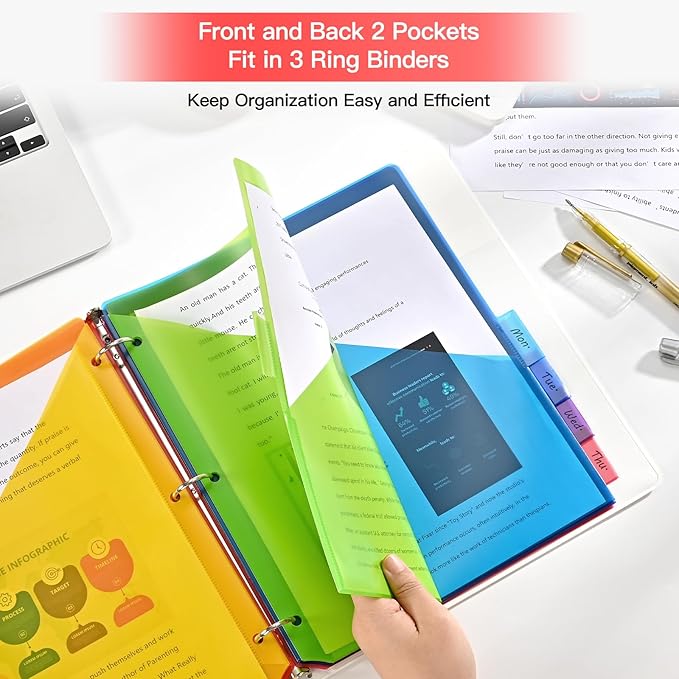 SUIN 8-Tab Binder Dividers with Double Pockets - Translucent Plastic Page Separators for 3 Ring Binder, Front & Back Storage, Durable Poly, Letter Size, Rainbow Colors, 1-Pack